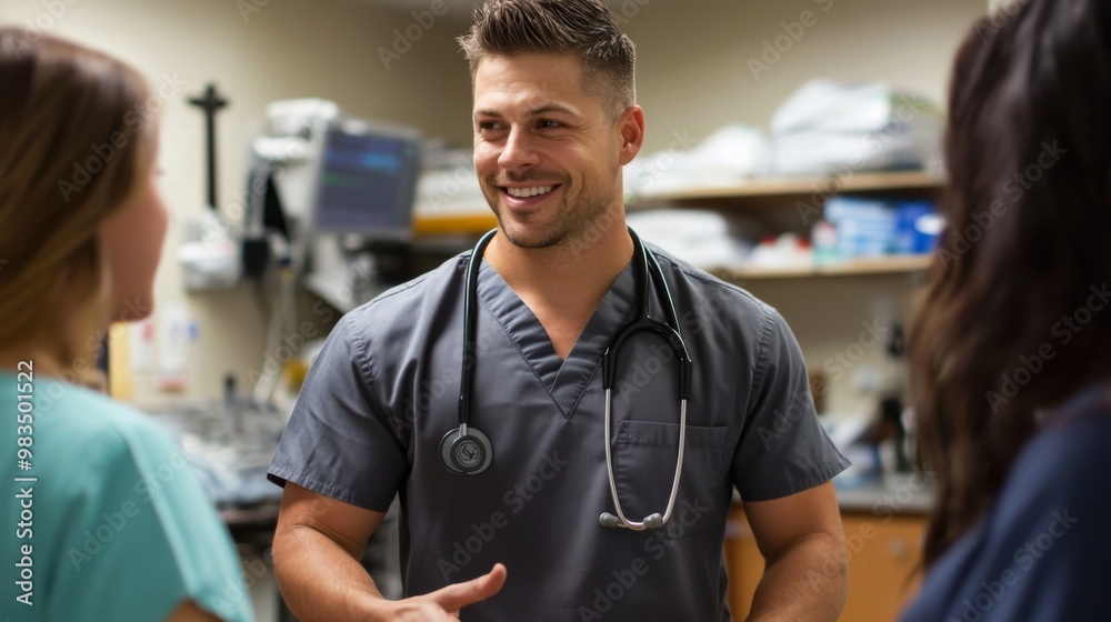 Male Doctor in Grey Scrubs with Stethoscope Talking to Patients Male Doctor in Grey Scrubs with Stethoscope Talking to Patients