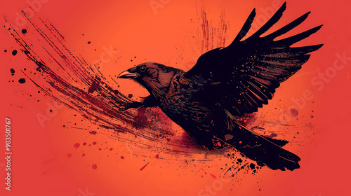 A black raven flies against a reddish-orange background with splattered paint.