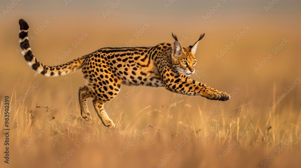 Obraz premium Powerful and Agile Leopard Stalking Prey in Golden Savanna Landscape