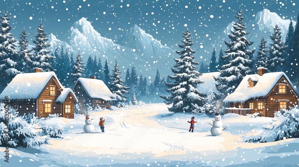 A serene winter scene featuring several cozy log cabins nestled among tall snow-covered pine trees. A serene winter scene featuring several cozy log cabins nestled among tall snow-covered pine trees.