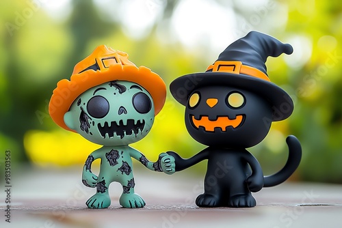 Spoopy zombie holding hands with a black cat, with both of them smiling and wearing Halloween hats photo