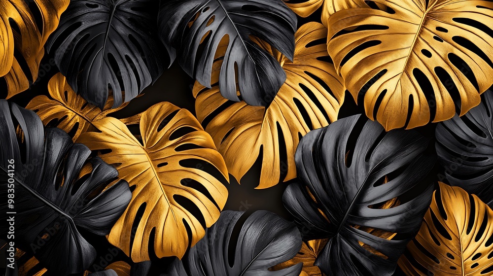 A striking pattern of black and gold tropical leaves creating a bold graphic design. A striking pattern of black and gold tropical leaves creating a bold graphic design.