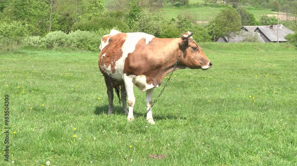 Beige cow at the meadow on the farm, summer day Beige cow at the meadow on the farm, summer day