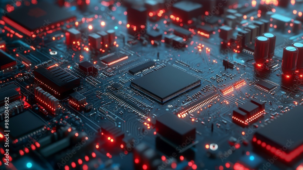 Macro close-up of components and microchips on a PC circuit board of a hard disk drive, highlighting intricate details and technology in data storage Macro close-up of components and microchips on a PC circuit board of a hard disk drive, highlighting intricate details and technology in data storage