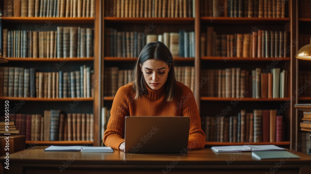 Woman in Orange Sweater Working on Laptop in a Library