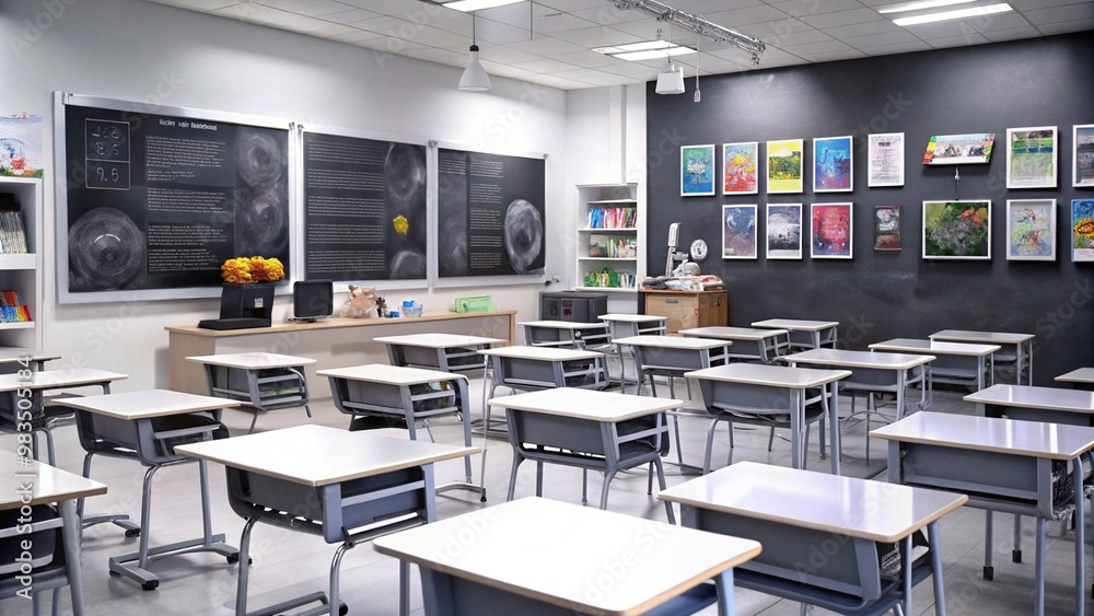 Empty classroom with desks, chairs, and a blackboard with posters. Empty classroom with desks, chairs, and a blackboard with posters.