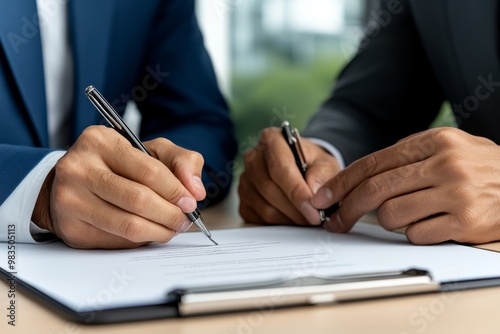 Close-up of a contract being signed, with both parties agreeing to the terms of the business transaction photo