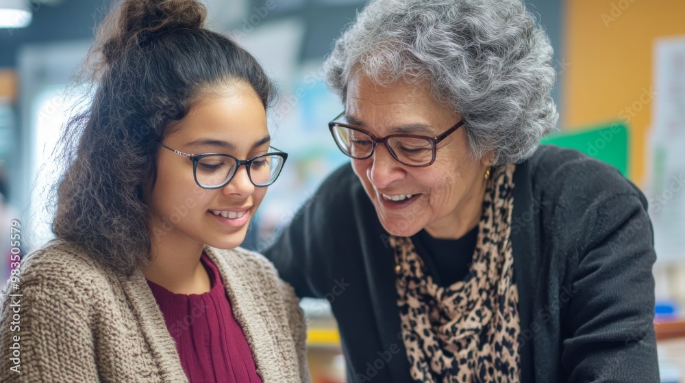 A young woman and an older woman looking at something together A young woman and an older woman looking at something together
