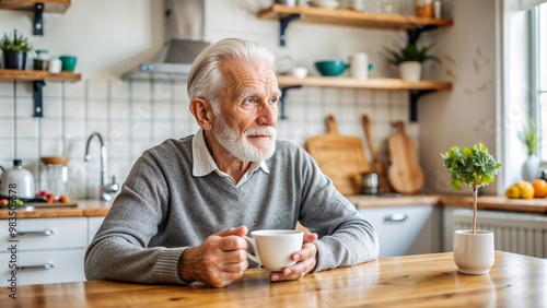 Elderly man drinking tea in the kitchen