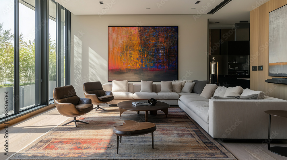 a modern living room style with painting on the wall a modern living room style with painting on the wall