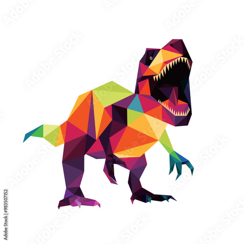 Angry T Rex in Full Color Polygon. Low Poly Roaring Tyrannosaurus Rex Dinosaur in Colorful Abstract. Dinosaur Animal Colorful Logo. good for kids coloring book