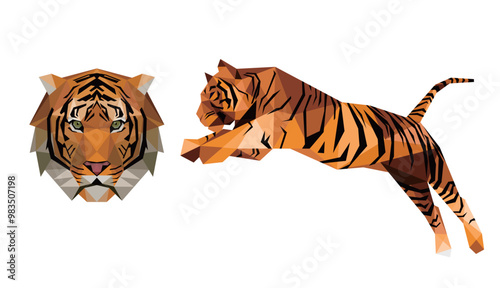 Angry Tiger head face illustration polygon. Jumping Tiger in low poly vector. good for kids animal book photo