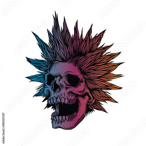 A skull with an open mouth and a punk rock hairstyle. T-shirt design, stickers, print.
