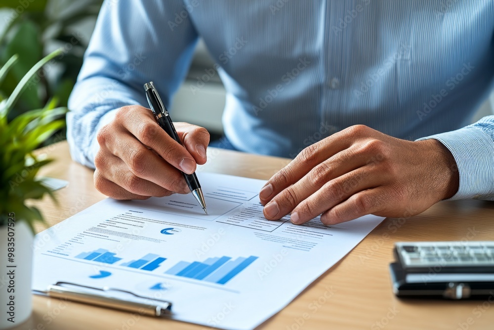 Entrepreneur reviewing a completed business plan, holding a pen and making final adjustments before a presentation Entrepreneur reviewing a completed business plan, holding a pen and making final adjustments before a presentation