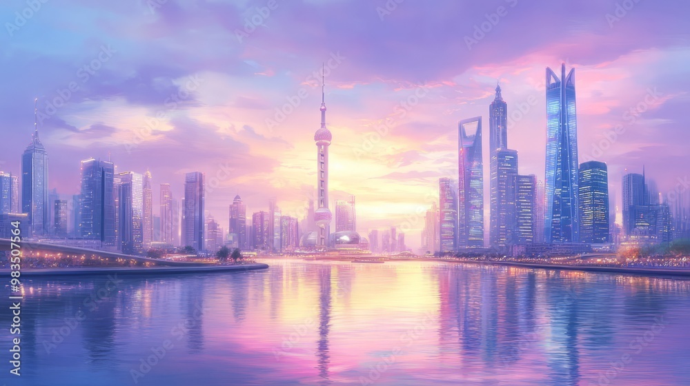 Fototapeta premium Stunning City Skyline at Sunset Over Water