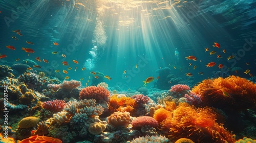 Life-giving sunlight shines through the water, illuminating a vibrant tropical coral reef. The radiant beams highlight the beauty of the marine ecosystem