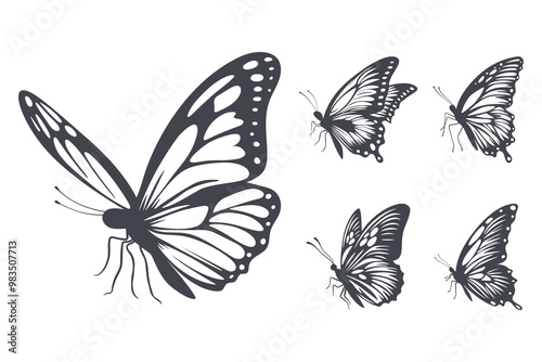 Monochrome Hand-Drawn Butterfly Icon Set. Single Color Butterfly Illustrations for Cutting, Tattoo Designs. Minimalist Butterfly Art, Clipart, Design Elements