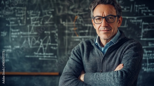 Portrait of a Confident Man Standing in Front of a Chalkboard with Mathematical Equations