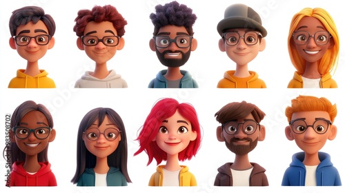 Smiling People Closeup Portrait Set Cute Cartoon Businessman Male and Female Avatars Multi-ethnic Man and Woman Faces Isolated on White Background