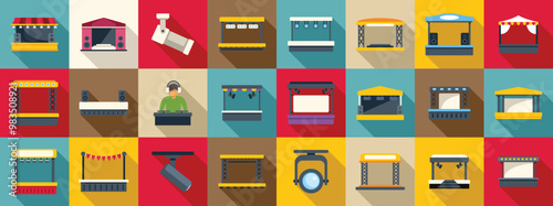 Outdoor music festival stage icons set. Dj playing music on stage with stage equipment icons set in flat style with long shadow