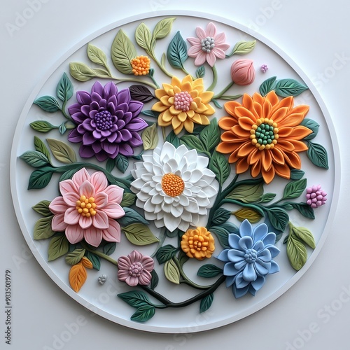 A vibrant, 3D floral wall art piece featuring a variety of colorful flowers and leaves that can enhance interior design, craft projects, or marketing materials related to nature and creativity, photo