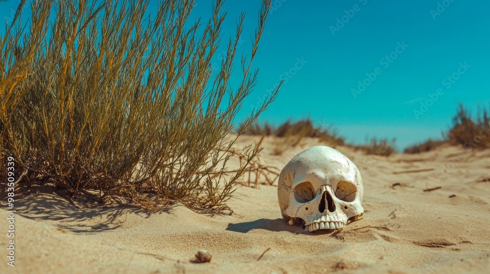 Obraz premium Weathered Skull on Coastal Desert Dune with Grass under Dramatic Skyscape