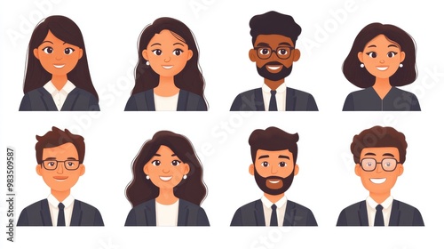 Smiling People Closeup Portrait Set Cute Cartoon Businessman Male and Female Avatars Multi-ethnic Man and Woman Faces Isolated on White Background