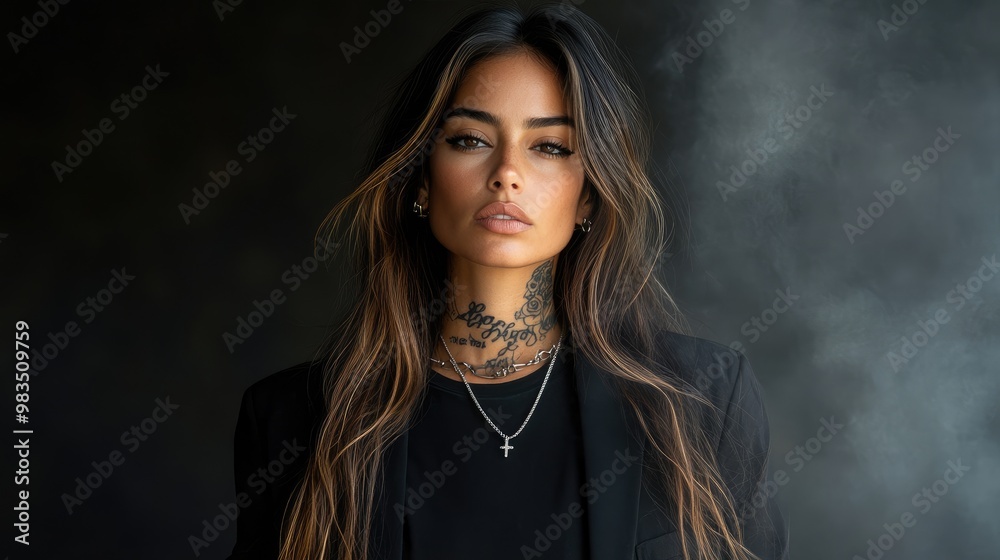 Trendy hispanic female model, with long hair, wearing plain black t-shirt and black blazer jacket over the top, tattoos and jewelry , woman with bad girl vibes over dark foggy background Trendy hispanic female model, with long hair, wearing plain black t-shirt and black blazer jacket over the top, tattoos and jewelry , woman with bad girl vibes over dark foggy background
