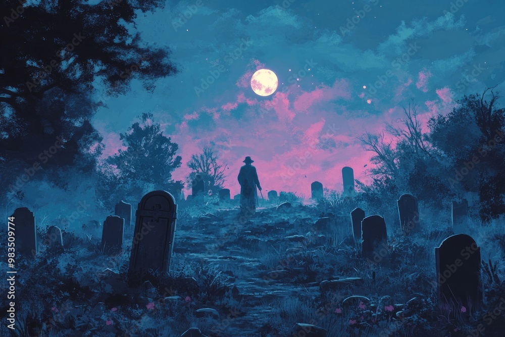 Obraz premium A lone figure walks through a graveyard under a full moon