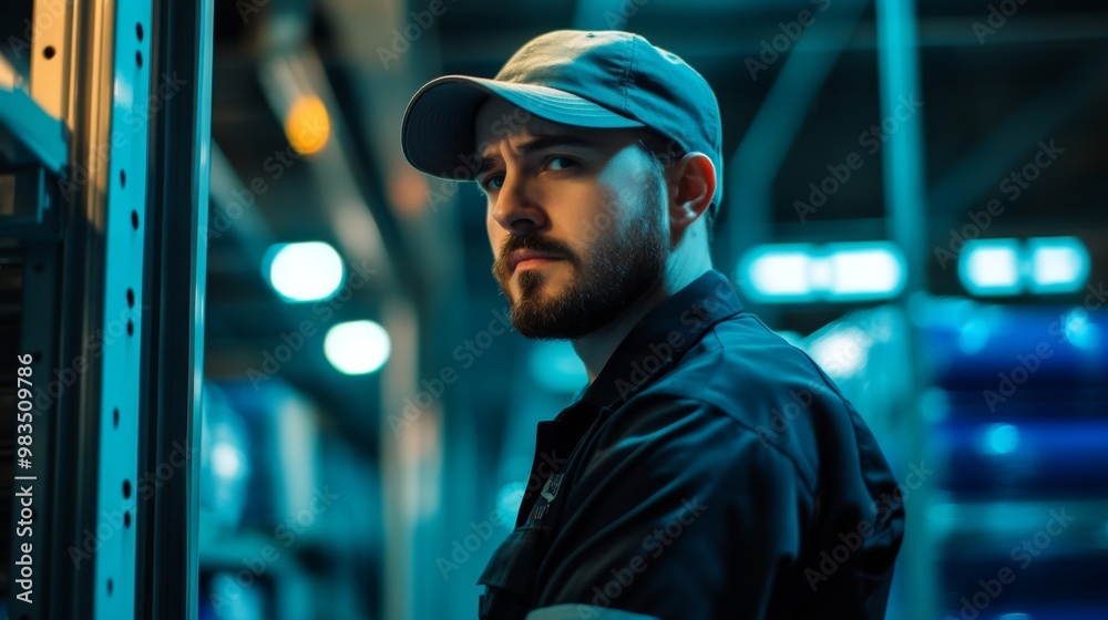 A Man in a Blue Work Uniform and Baseball Cap Stands in a Warehouse