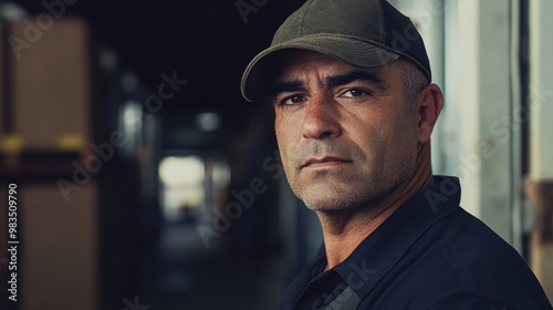 Close-up Portrait of a Man in a Green Baseball Cap and Black Shirt