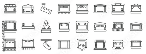 Outdoor music festival stage icons set. This set of icons depicts various types of stages and booths, featuring lighting, sound systems, and other equipment commonly used for concerts, festivals