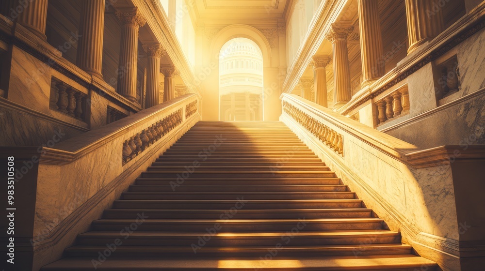 Obraz premium Serene Staircase with Golden Light in Elegant Architecture