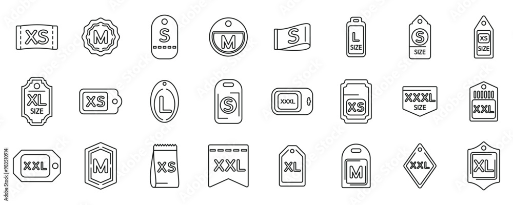 Size label cloth icons set. Set of clothes sizes tags with letters and numbers showing different sizes from extra small to extra extra large Size label cloth icons set. Set of clothes sizes tags with letters and numbers showing different sizes from extra small to extra extra large