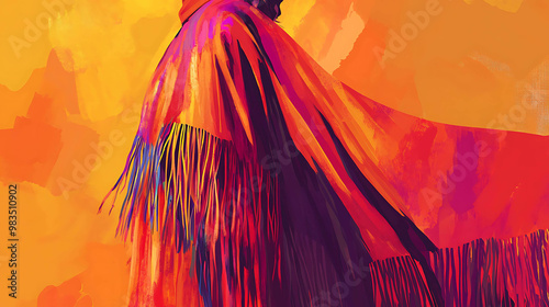 Abstract painting of a person wearing a fringed garment. photo