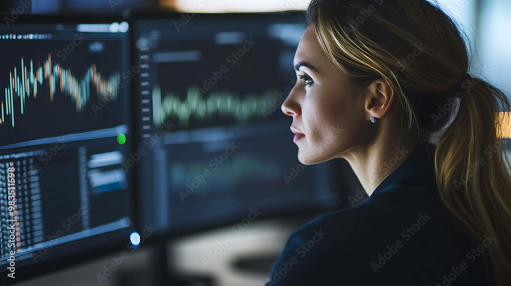 A businesswoman sits in front of two computer monitors, her gaze focused on the screen. A businesswoman sits in front of two computer monitors, her gaze focused on the screen.