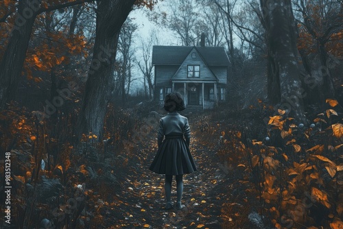 A Girl Walks Towards a House in a Dark Forest