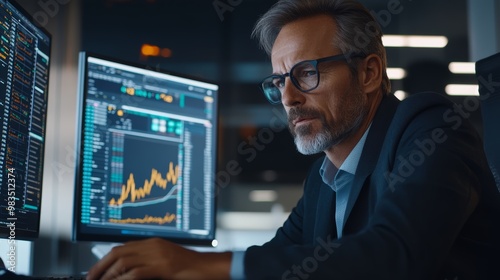 Businessman working on computer. Stock exchange, bitcoins, money, stock market