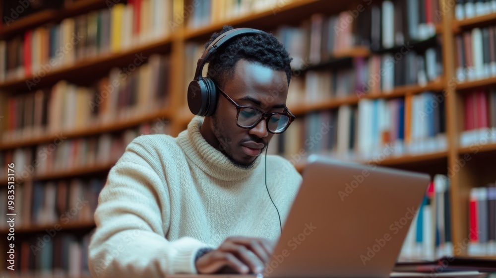 Young Man in Headphones Works on Laptop in Library Young Man in Headphones Works on Laptop in Library