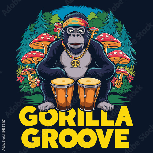 Design for T-Shirts - Colorful Psychedelic Gorilla Playing Bongo Drums in a Forest