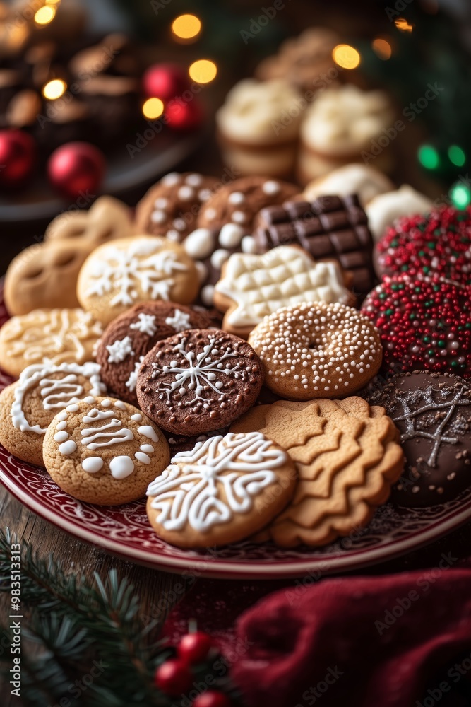 A plate of Christmas cookies, gingerbread cookies, and chocolate cookies decorated with white icing A plate of Christmas cookies, gingerbread cookies, and chocolate cookies decorated with white icing