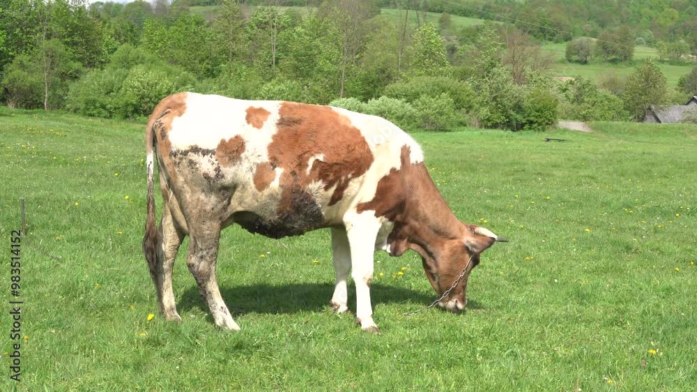 Beige cow at the meadow on the farm, summer day Beige cow at the meadow on the farm, summer day