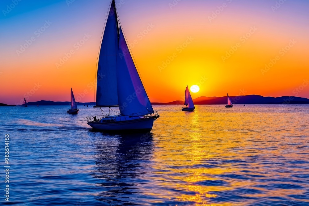 Sunset over the ocean, with boats sailing in the distance, capturing the calm and beauty of a summer evening Sunset over the ocean, with boats sailing in the distance, capturing the calm and beauty of a summer evening