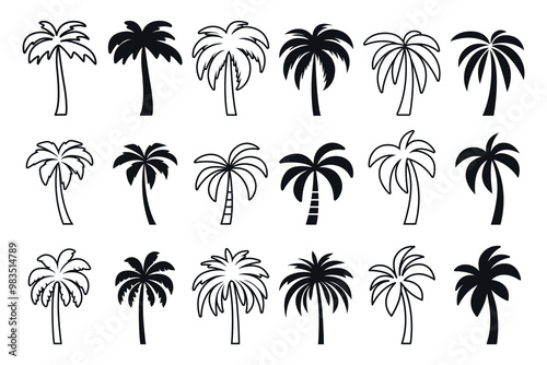 Vector Monochrome Hand-Drawn Palm Tree Icon Set. Single Color Palm Illustrations for Cutting, Tattoo Designs. Minimalist Palm Art, Design Elements. Palm Tree Clipart, Vector Illustration