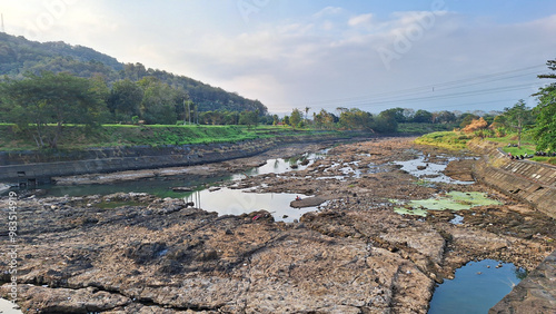 The view of the river drying up in the dry season until only small pools remain.