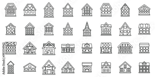 Traditional german houses icons set. This set of german traditional houses line icons is showing residential buildings