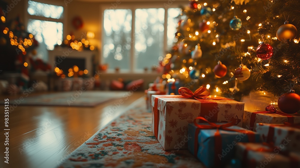 A warm, festive living room adorned with a beautifully decorated Christmas tree, glowing with soft golden lights. Wrapped presents with vibrant red ribbons are stacked beneath the tree.