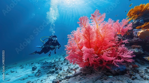 majestic sea fan (gorgonia) coral, beautifully spread out in vibrant colors with a scuba diver in the background. The scene captures underwater world, the coral's and adventure in deep-sea diving