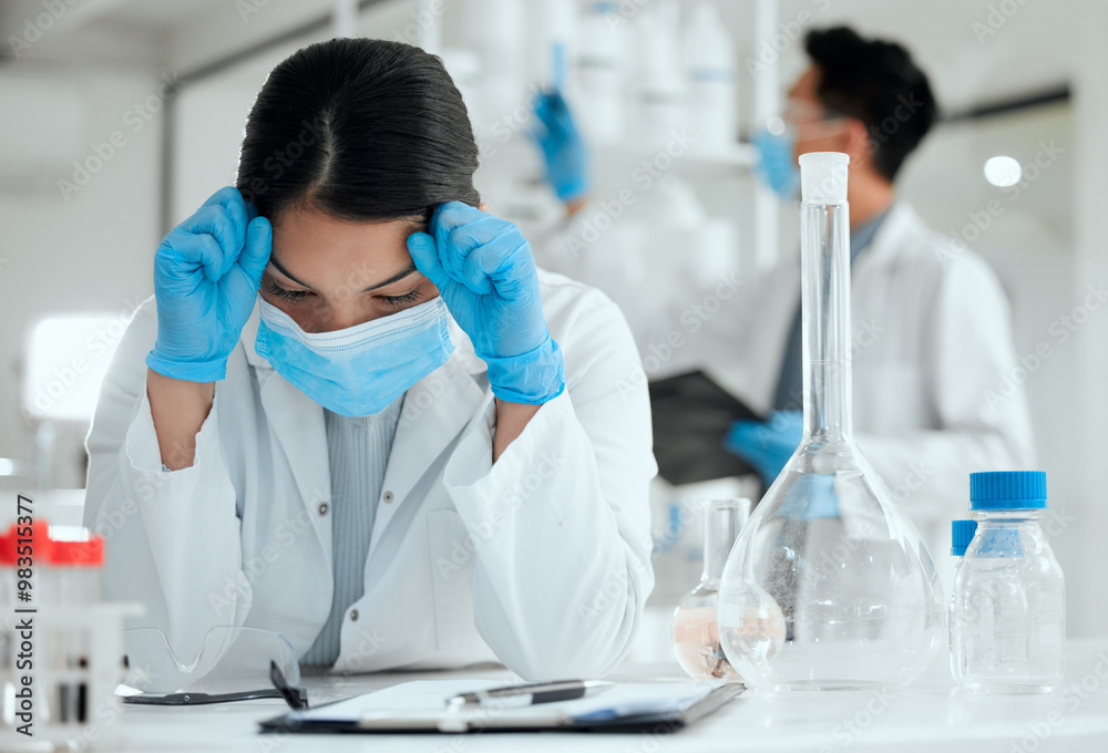 Stress, woman and scientist with burnout in laboratory for medical research or experiment fail. Migraine, headache and biologist with pharmaceutical discovery mistake or crisis for monkeypox vaccine. Stress, woman and scientist with burnout in laboratory for medical research or experiment fail. Migraine, headache and biologist with pharmaceutical discovery mistake or crisis for monkeypox vaccine.