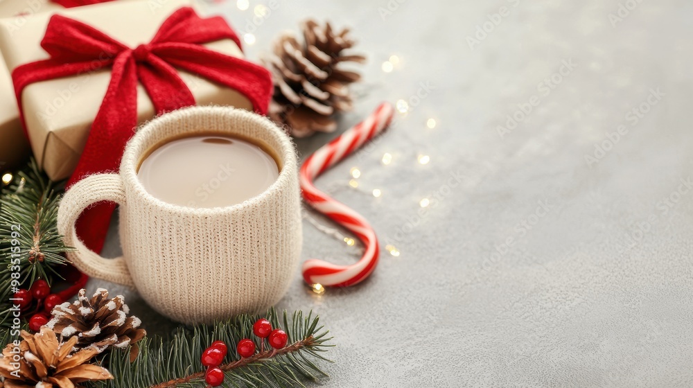 Cozy winter scene with a warm cup, festive gift, pinecones, and holiday decorations, perfect for seasonal celebrations.
